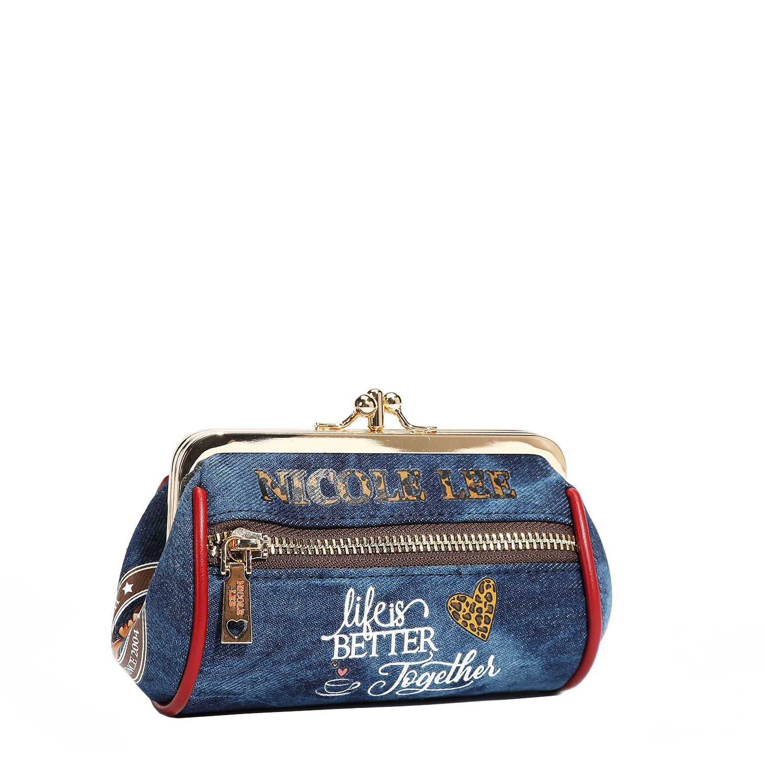 Denim Mini Kiss Lock Coin Purse Leather Wristlet Flower Keychain
