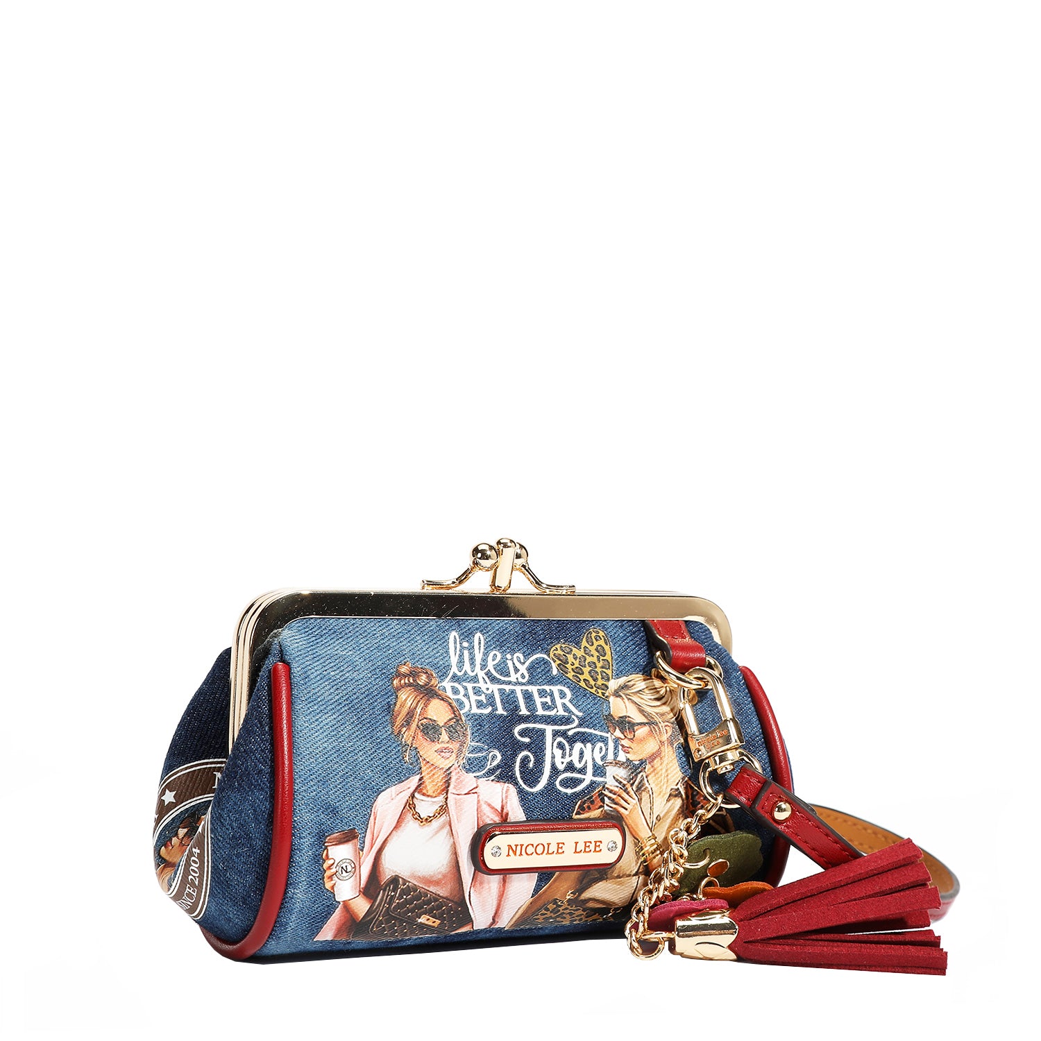 Denim Mini Kiss Lock Coin Purse Leather Wristlet Flower Keychain