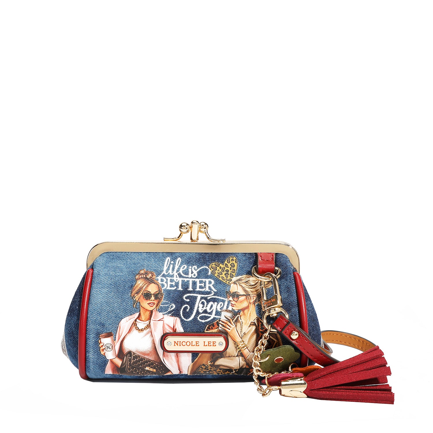 Denim Mini Kiss Lock Coin Purse Leather Wristlet Flower Keychain