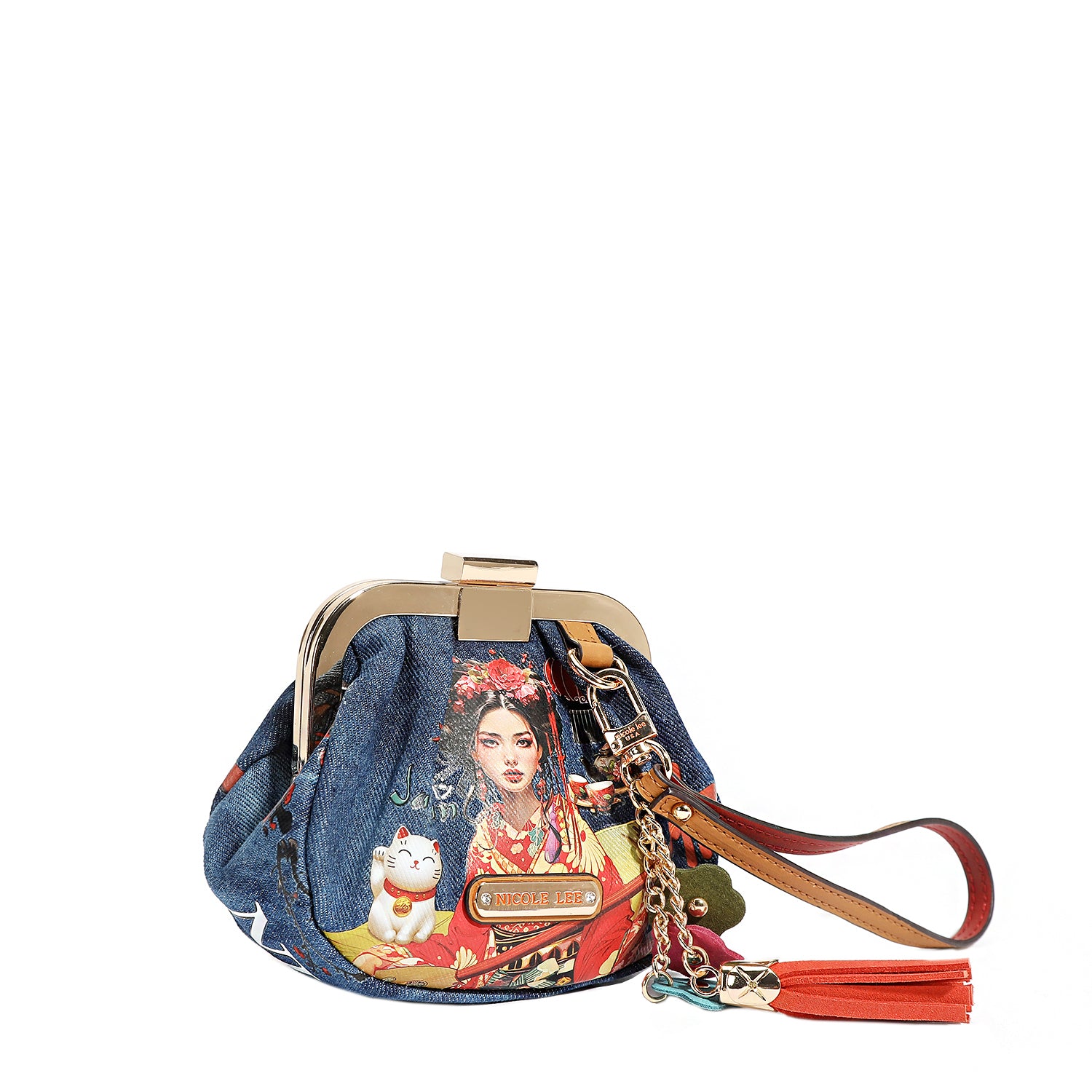 Denim Mini Coin Purse Leather Wristlet Flower Keychain Accessory