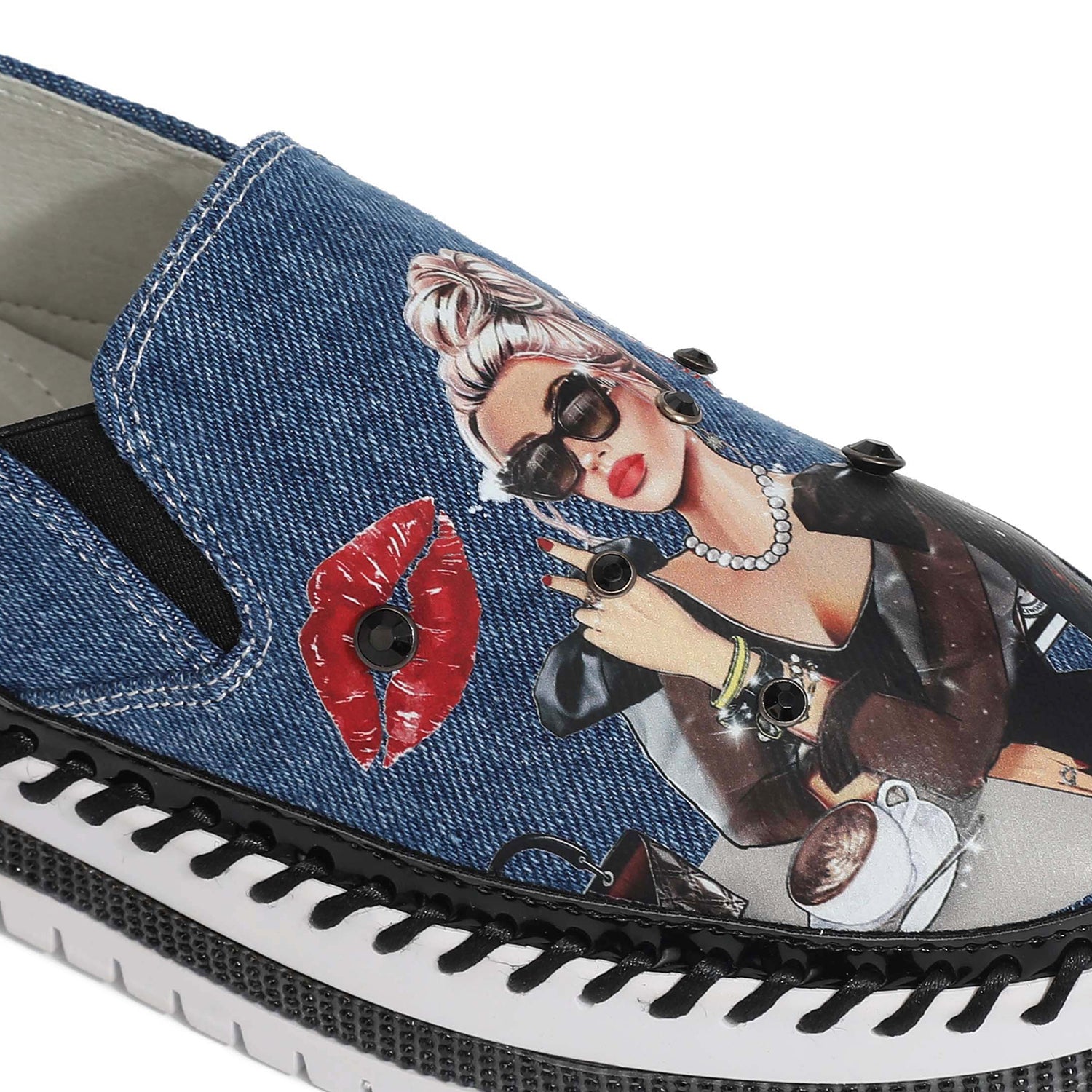 Cotton Denim Slip On Fashion Sneakers, Genuine Leather, Rhinestone