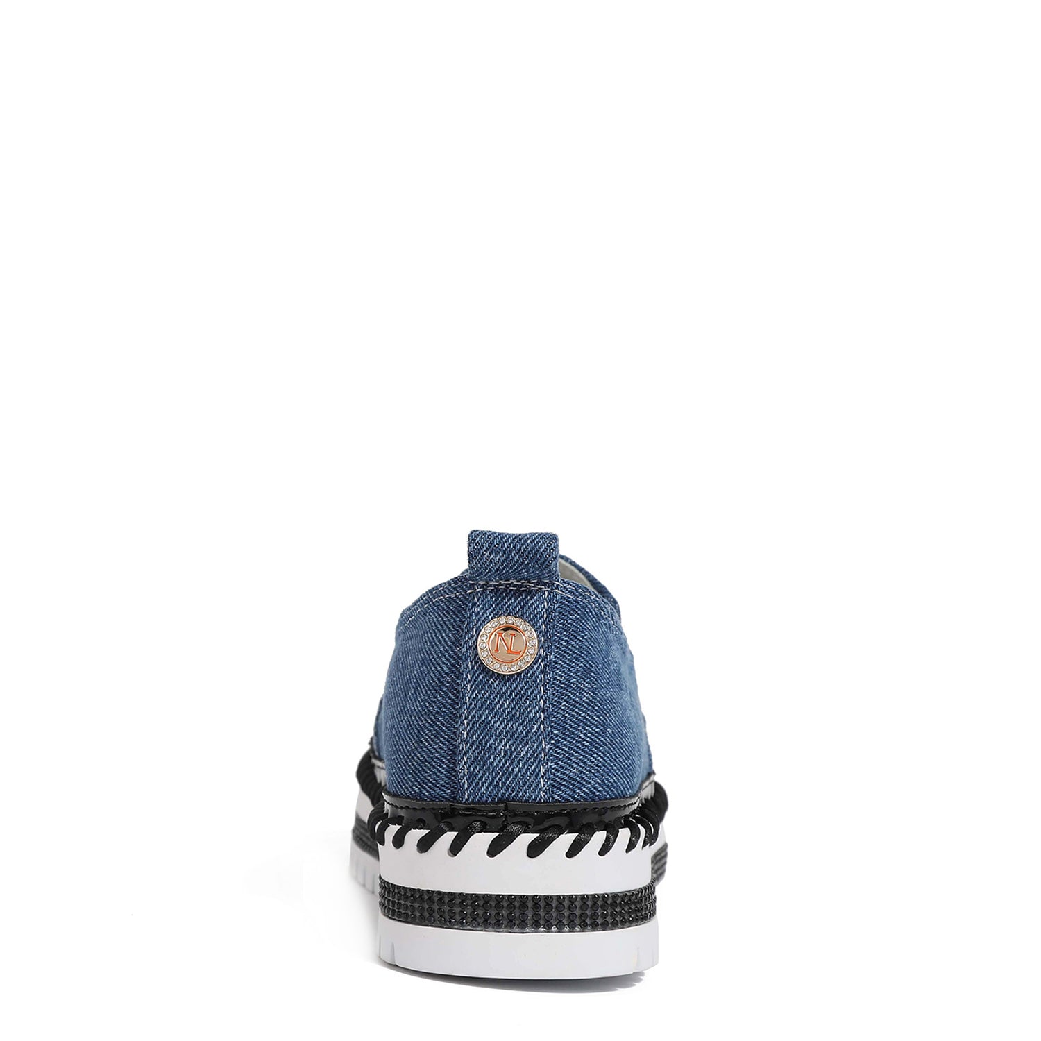 Cotton Denim Slip On Fashion Sneakers, Genuine Leather, Rhinestone