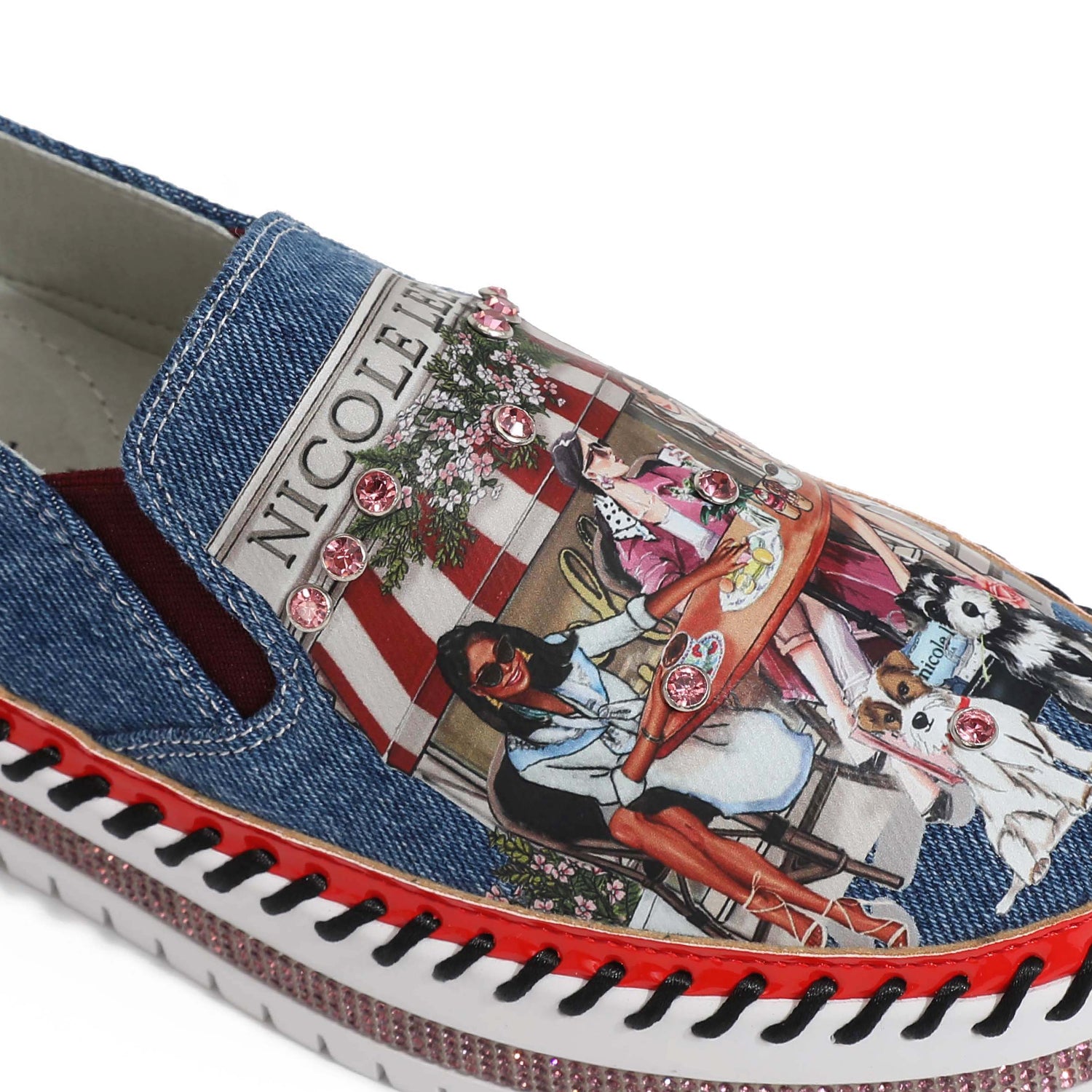 Cotton Denim Slip On Fashion Sneakers, Genuine Leather, Rhinestone