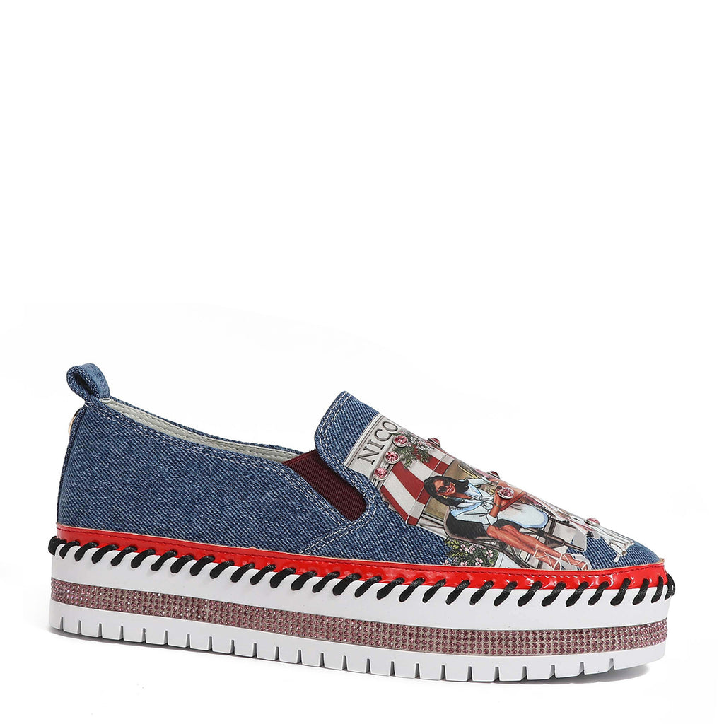 【MODERNIF】Nicole cotton sneakers Cotton Denim Slip On Fashion Sneakers, Genuine Leather