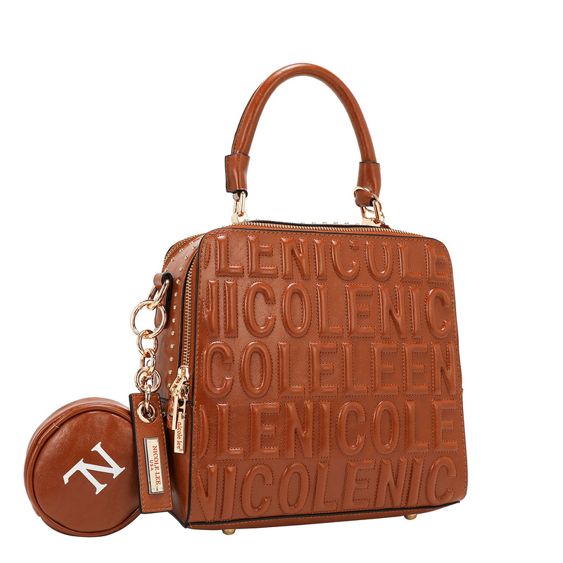 Embossed Logo Square Handbag Embellished with Sculpted lines, bold