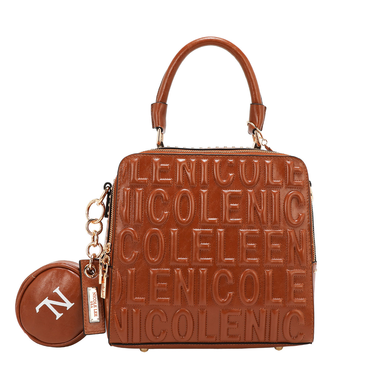 Embossed Logo Square Handbag Embellished with Sculpted lines, bold 