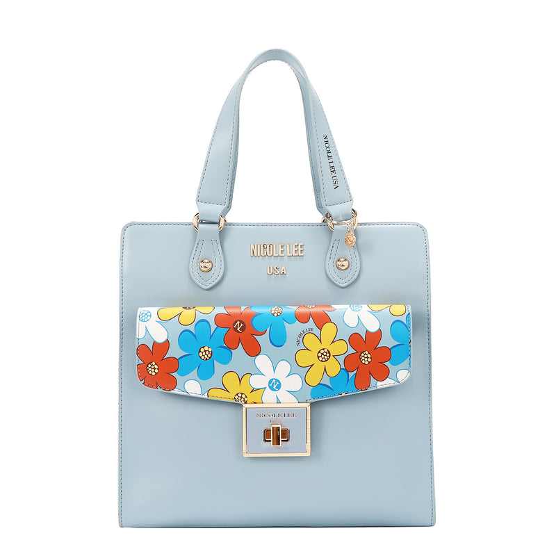 Our  Blue Floral Pop Tote Bag set on a  white background