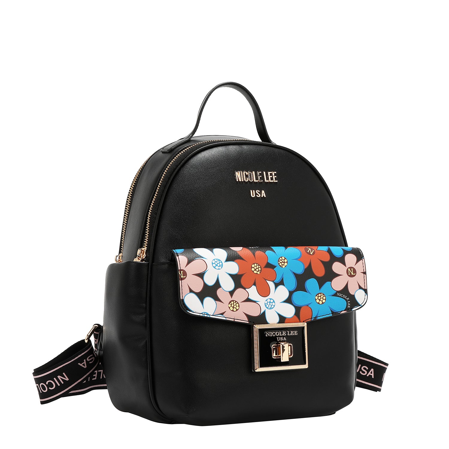 black floral leather flap backpack FLORAL POP FLAP BACKPACK