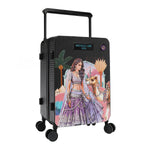 Our Queen Cleopatra carry-on suitcase with a colorful design of a woman and camel, featuring the brand 'Nicole Lee USA'.