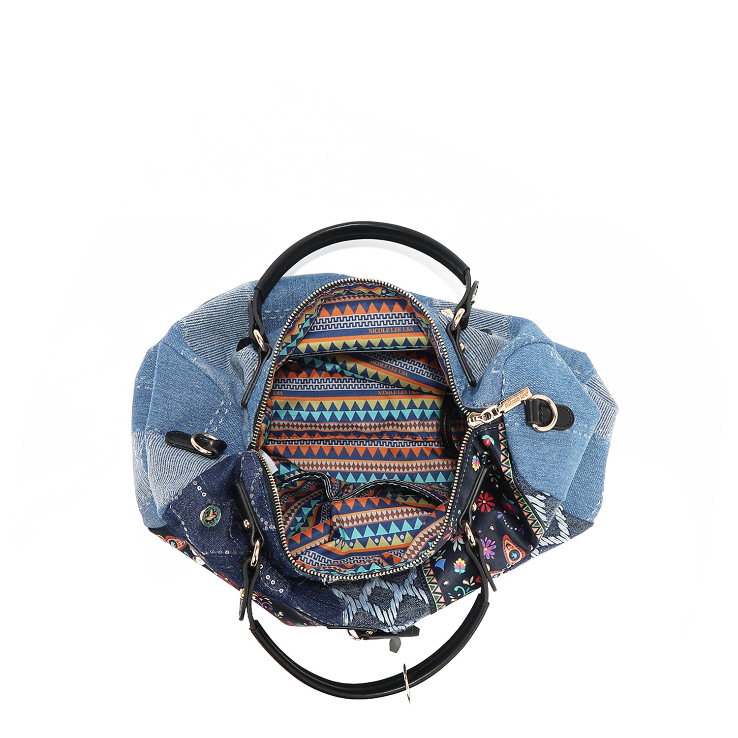 Bosque de Amor Denim Boston Bag Embellished with Sequins, Thread