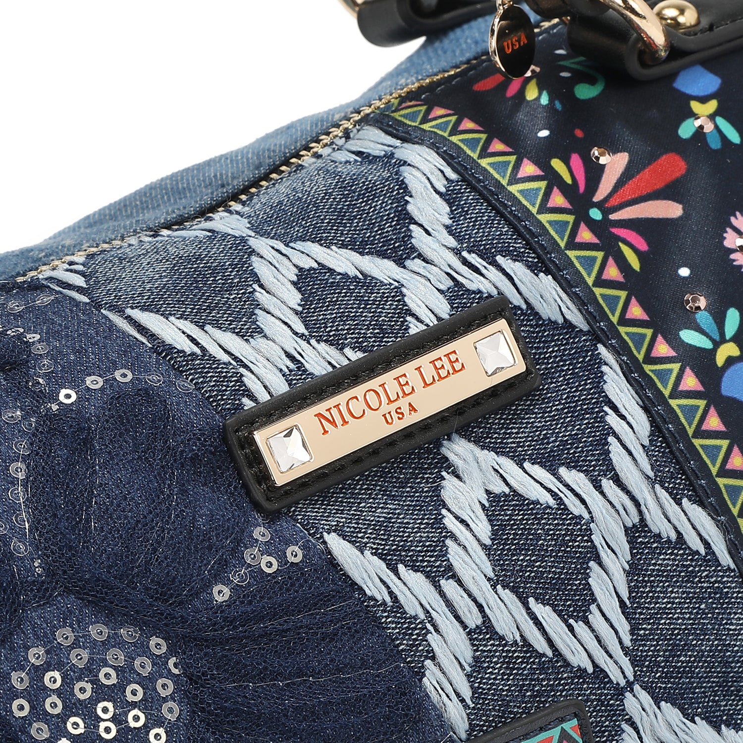 Bosque de Amor Denim Boston Bag Embellished with Sequins, Thread