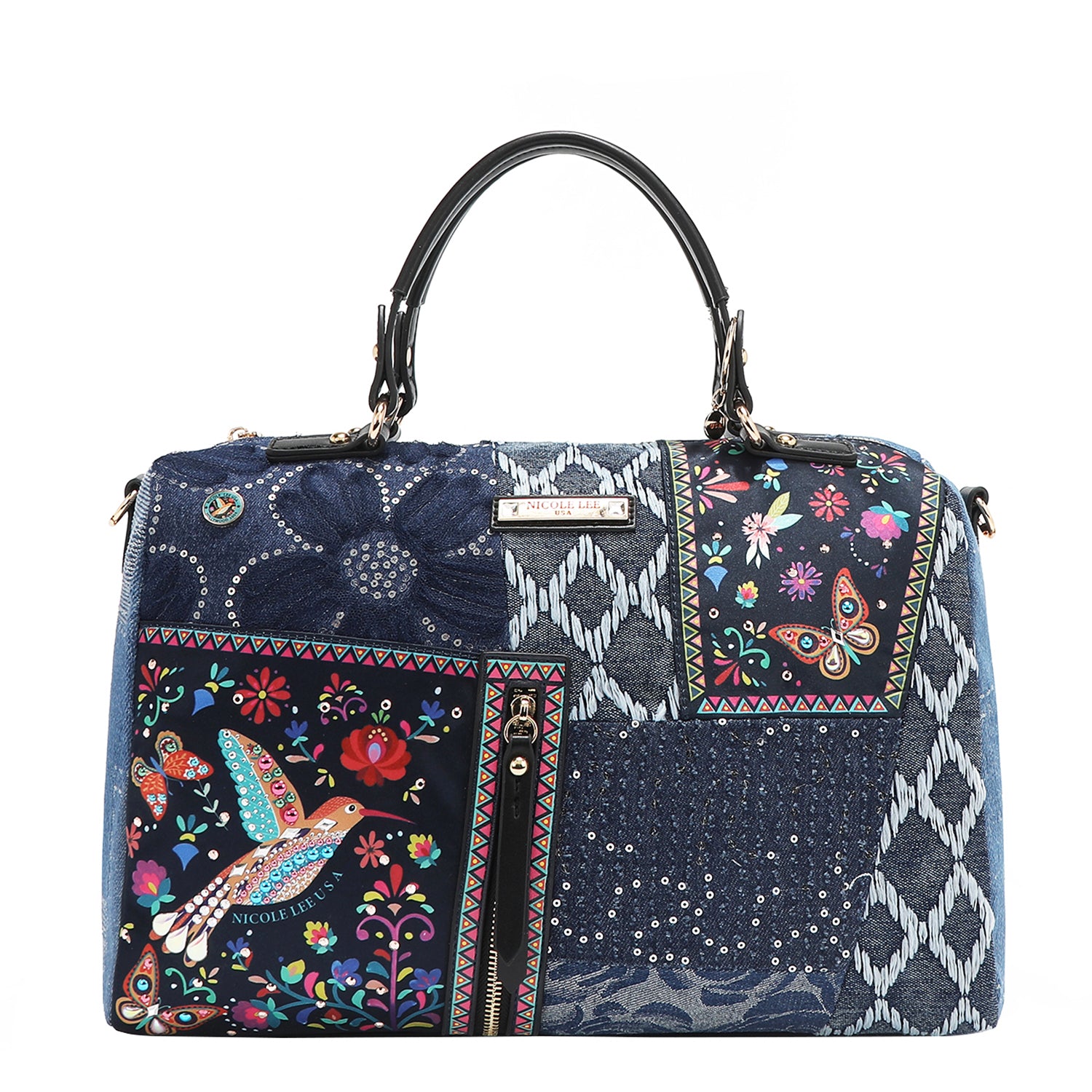 Bosque de Amor Denim Boston Bag Embellished with Sequins, Thread