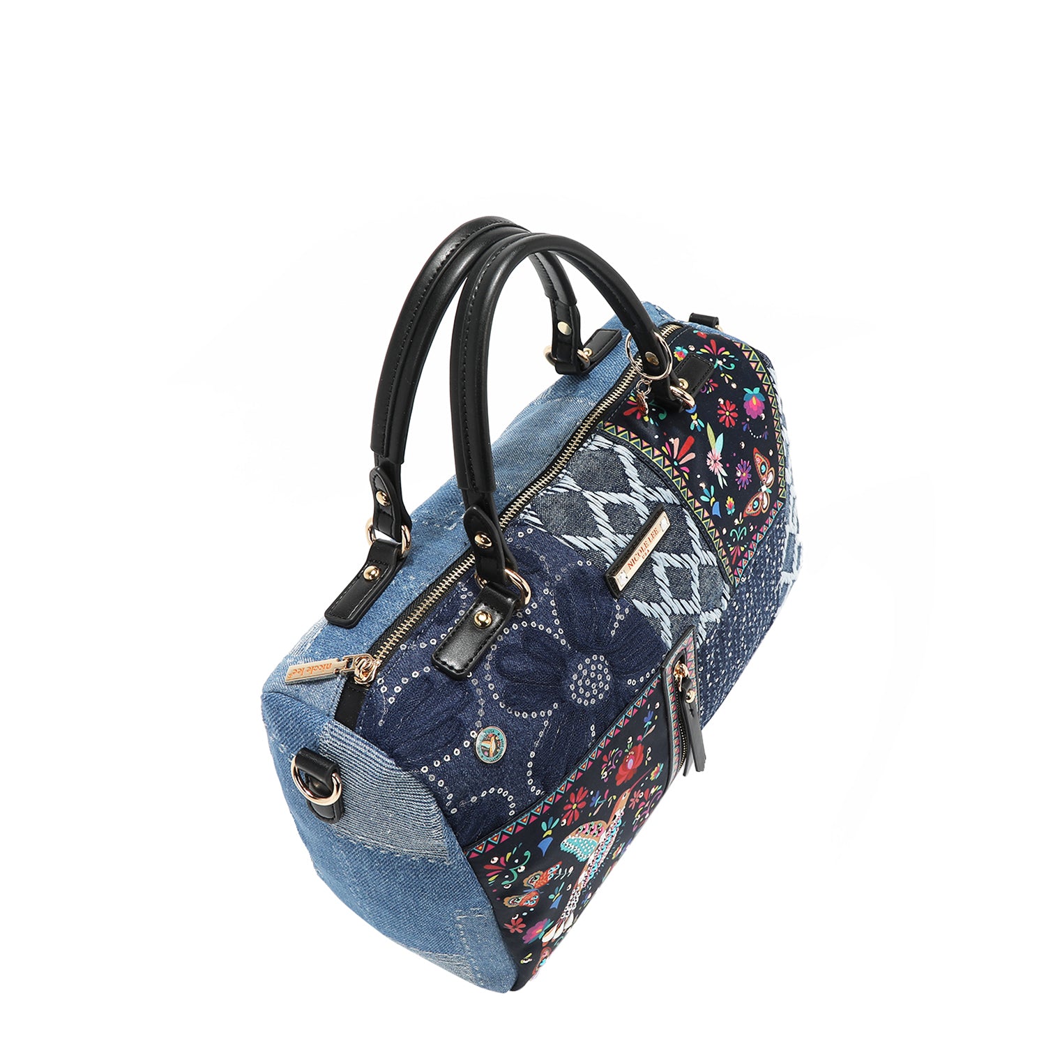 Bosque de Amor Denim Boston Bag Embellished with Sequins, Thread