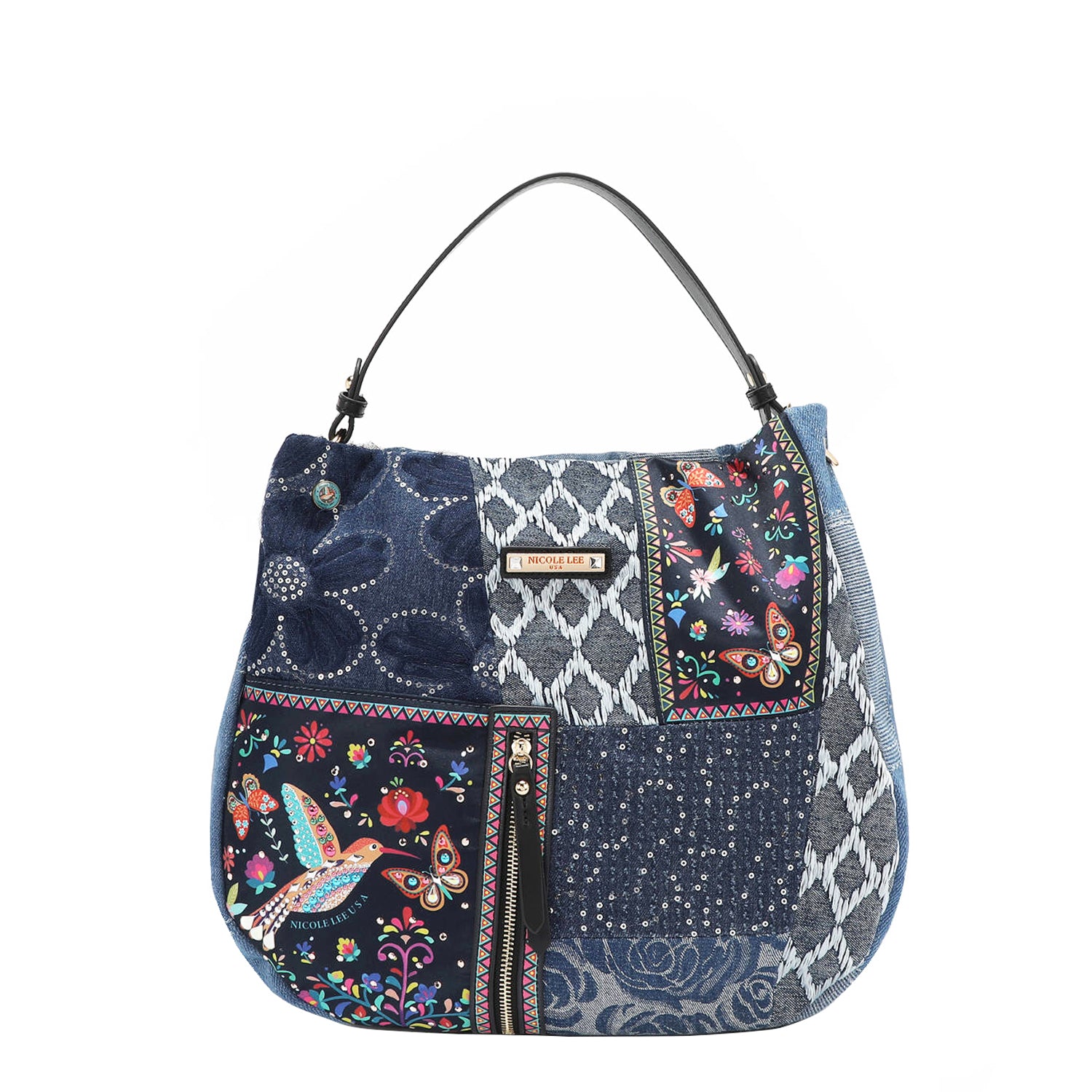 Our Bosque de amor handbag with floral, butterflies and a hummingbird featuring geometric patterns set on a white background