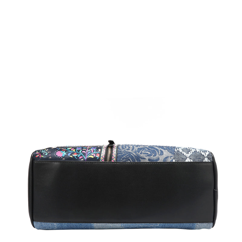 Rectangular bottom angle of our Bosque de amor denim satchel bag.