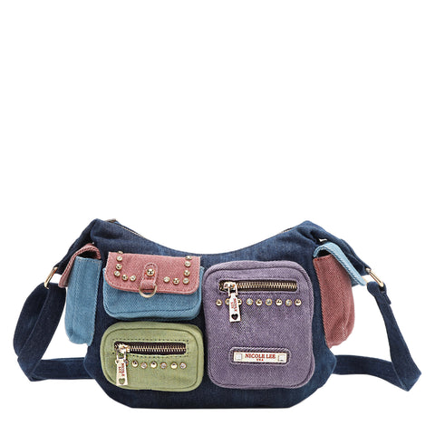 ◆MUCENT◆ Stone Washed Denim Crossbody Bag Unisex 2 Colors Women Denim Crossbody Bag Multi Pocket Denim Shoulder Bag