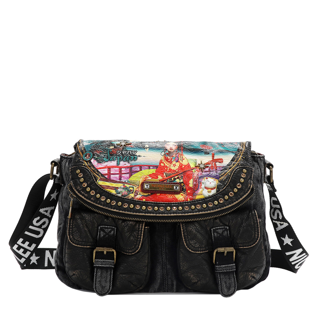 Akiko La Belleza Denim Flap Bag with Zipper Flap, 2 Zip