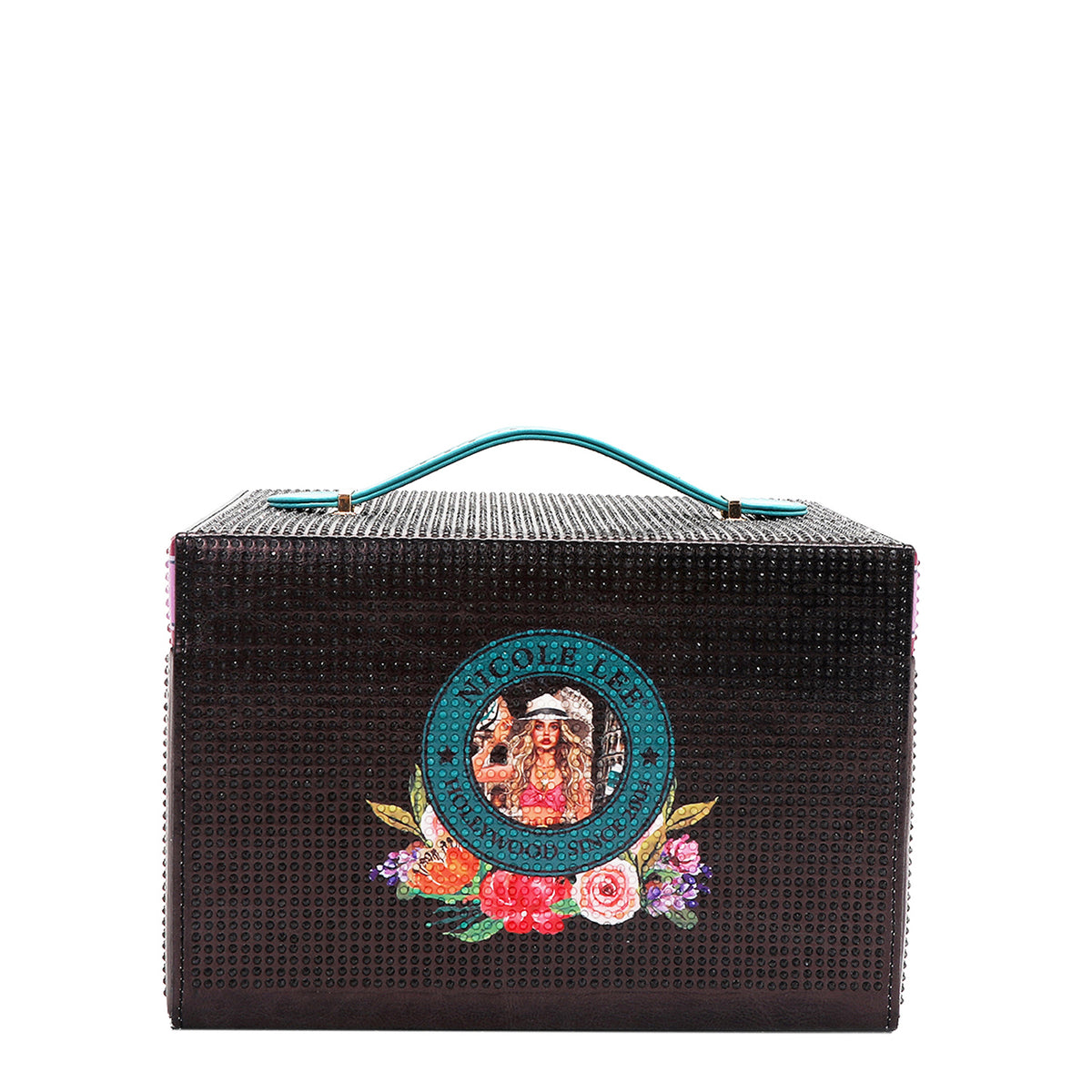 The back has a black background, covered in diamonds. In the middle is Nicole Lee's circular logo, with a photo of the blonde girl in the middle. Around the Logo are different colorful flowers.