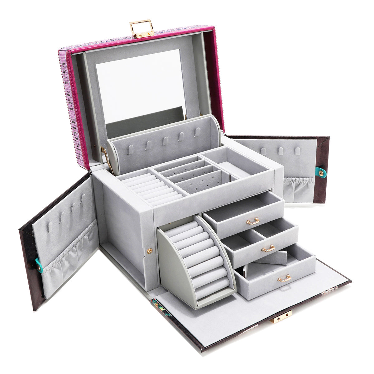 GRAY VELVET INTERIOR LINING WITH MIRROR WITH SEVERAL COMPARMENTS FOR RINGS, NECKLACE AND BRACELETS