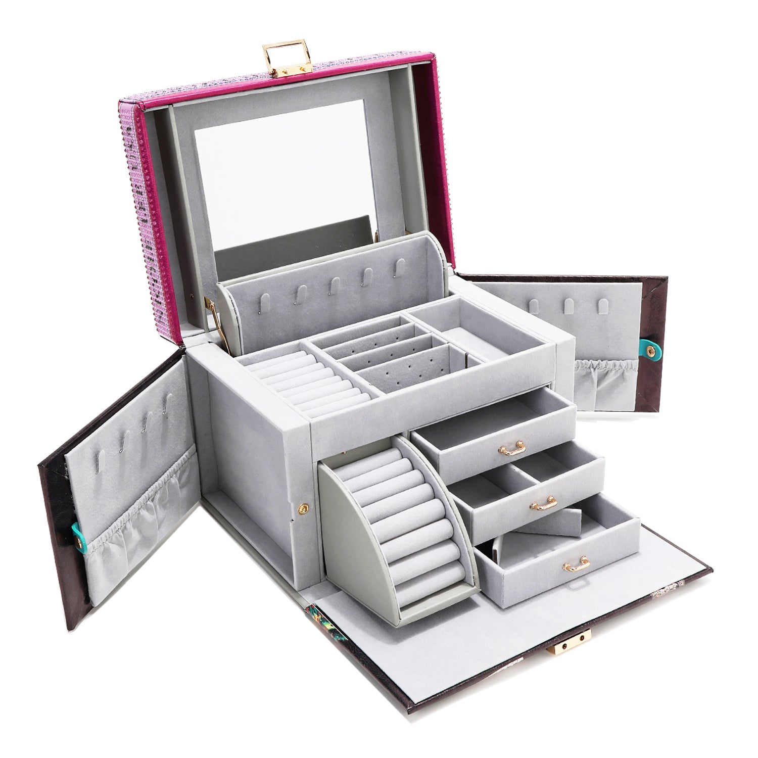 GRAY VELVET INTERIOR LINING WITH MIRROR WITH SEVERAL COMPARMENTS FOR RINGS, NECKLACE AND BRACELETS