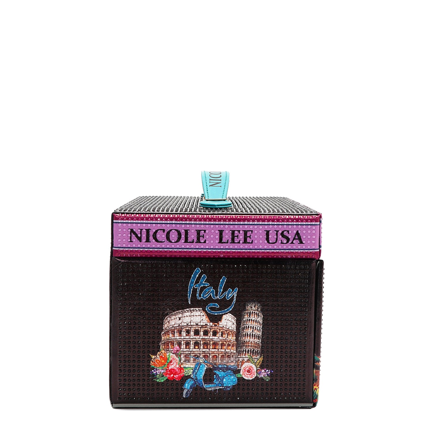 SIDE ANGLE  HAS THE NAME NICOLE LEE PRINTED ON THE TOP EDGE IN A PURPLE BACKGROUND COVERED WITH RHINESTONES , IN THE MIDDLE WITH A BLACK BACKGROUND  WITH THE WORD ITALY IN BLUE  AND A PICTURE OF THE COLOSSEUM IN ROME ITALY AND THE LEANING TOWER OF PISA AND A BLUE VESPA SCOOTER AND COLORFULL FLOWER AROUND IT.