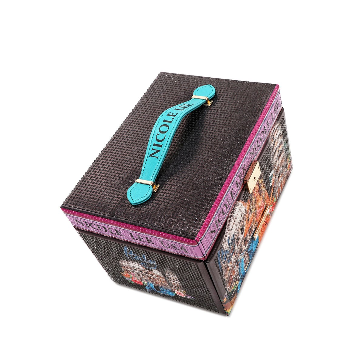 
THE TOP PART HAS A BLACK BACKGROUND COVERED IN RHINESTONES AND THE HANDLE IS TURQUOISE BLUE WITH NICOLE LEE LETTERING IN BLACK.