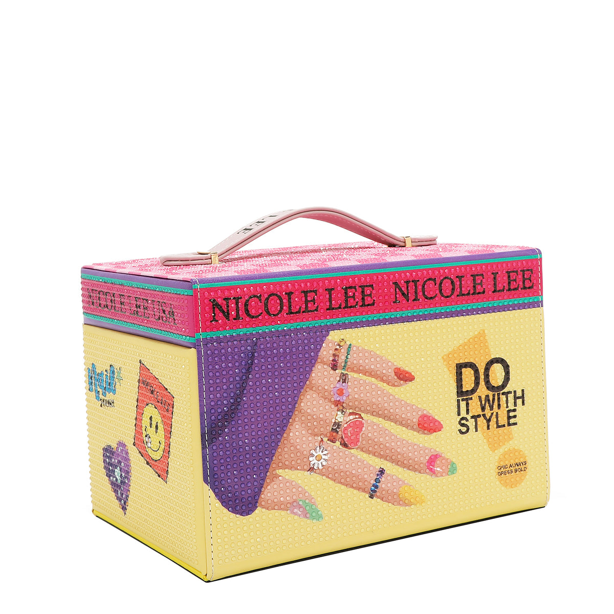 FRONT LARGE JEWELRY BOX WITH TOP HANDLE RHINESTONE ALL AROUND WITH OUR  NICOLE LEE NAIL POLISH DESING.