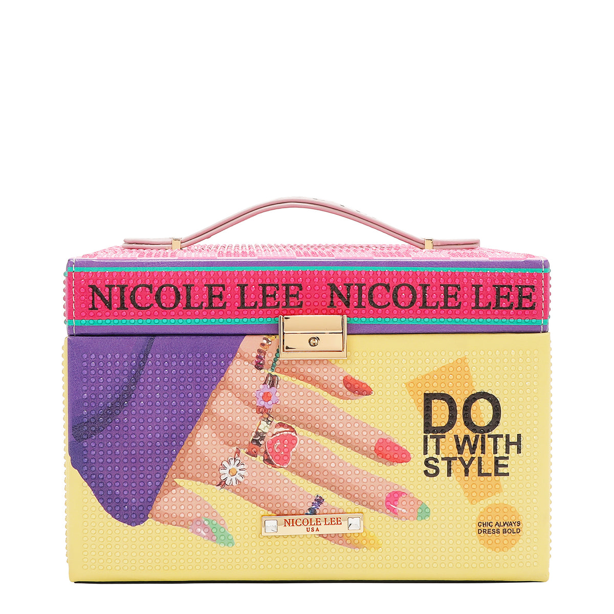FRONT LARGE JEWELRY BOX WITH TOP HANDLE RHINESTONE ALL AROUND WITH OUR  NICOLE LEE NAIL POLISH DESING.