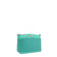 OUR GRACIE CROSSBODY WITH LACER-CUT AND RHINESTONES DETAILS IN COLOR EMERALD.