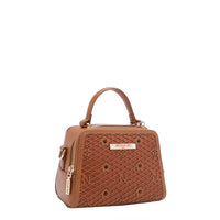OUR MINI HANDBAG WITH LACER-CUT AND RHINESTONES DETAILS IN COLOR BROWN.