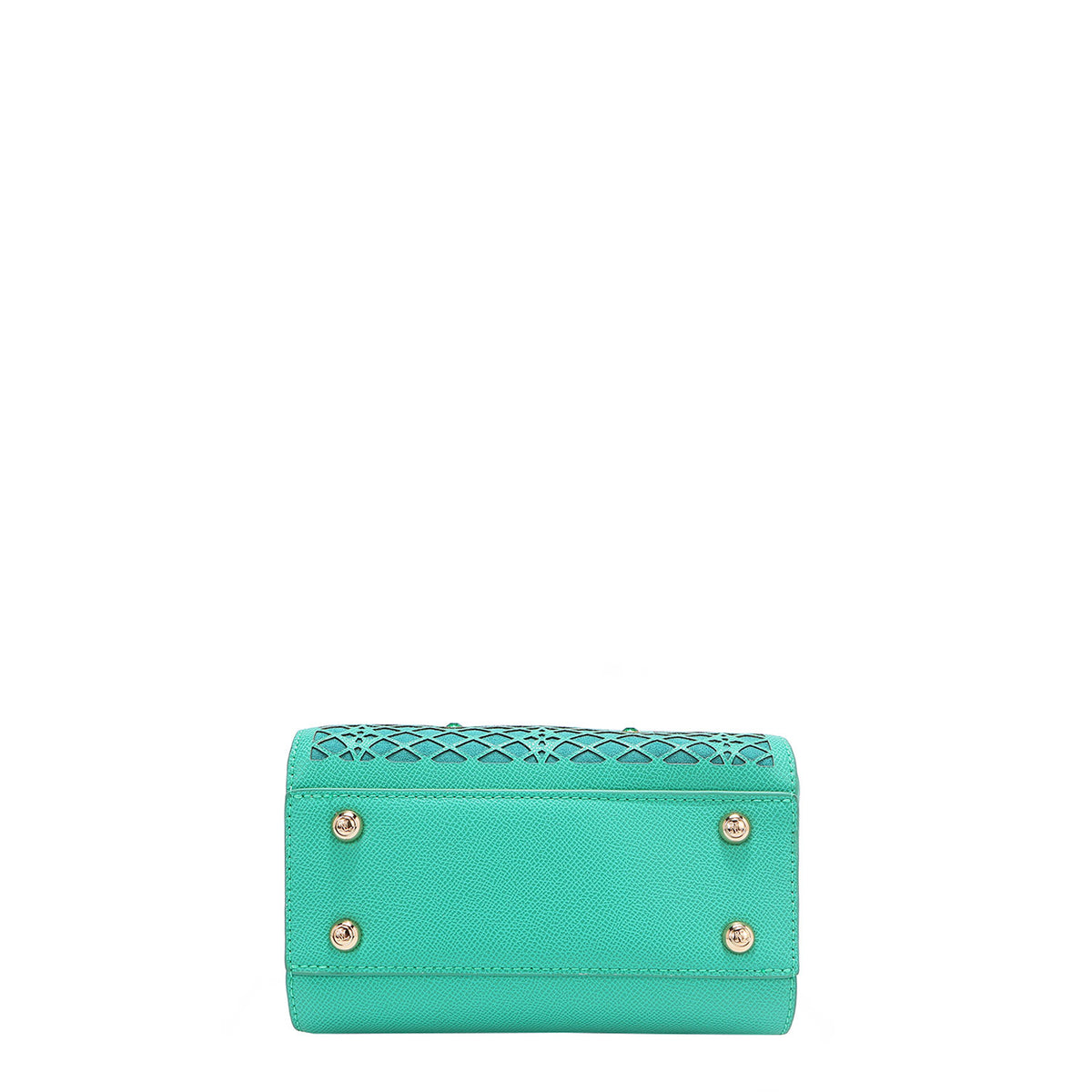 BOTTOM OF OUR GRACIE MINI HANDBAG IN EMERALD COLOR AND GOLD-TONE HARDWARE