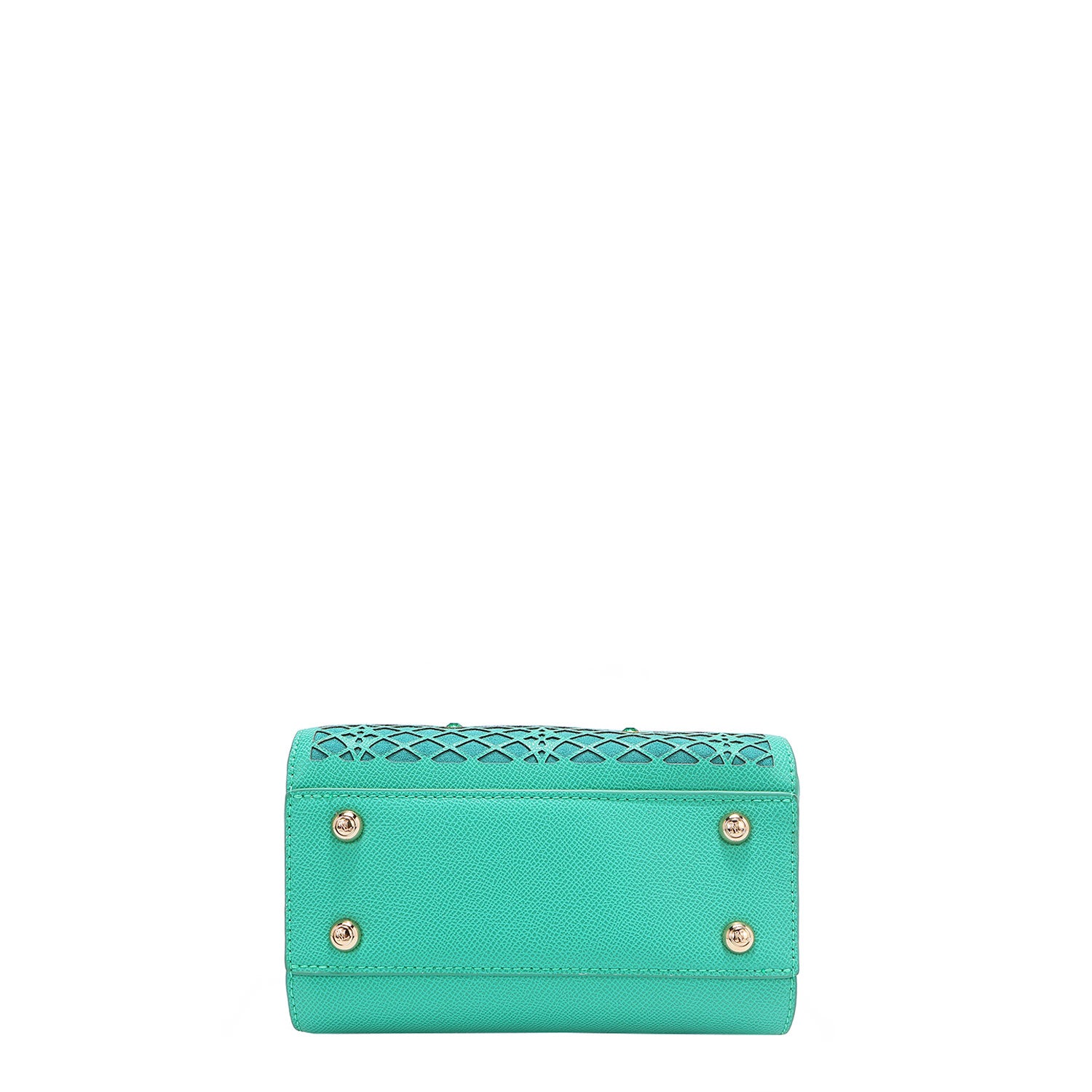 BOTTOM OF OUR GRACIE MINI HANDBAG IN EMERALD COLOR AND GOLD-TONE HARDWARE