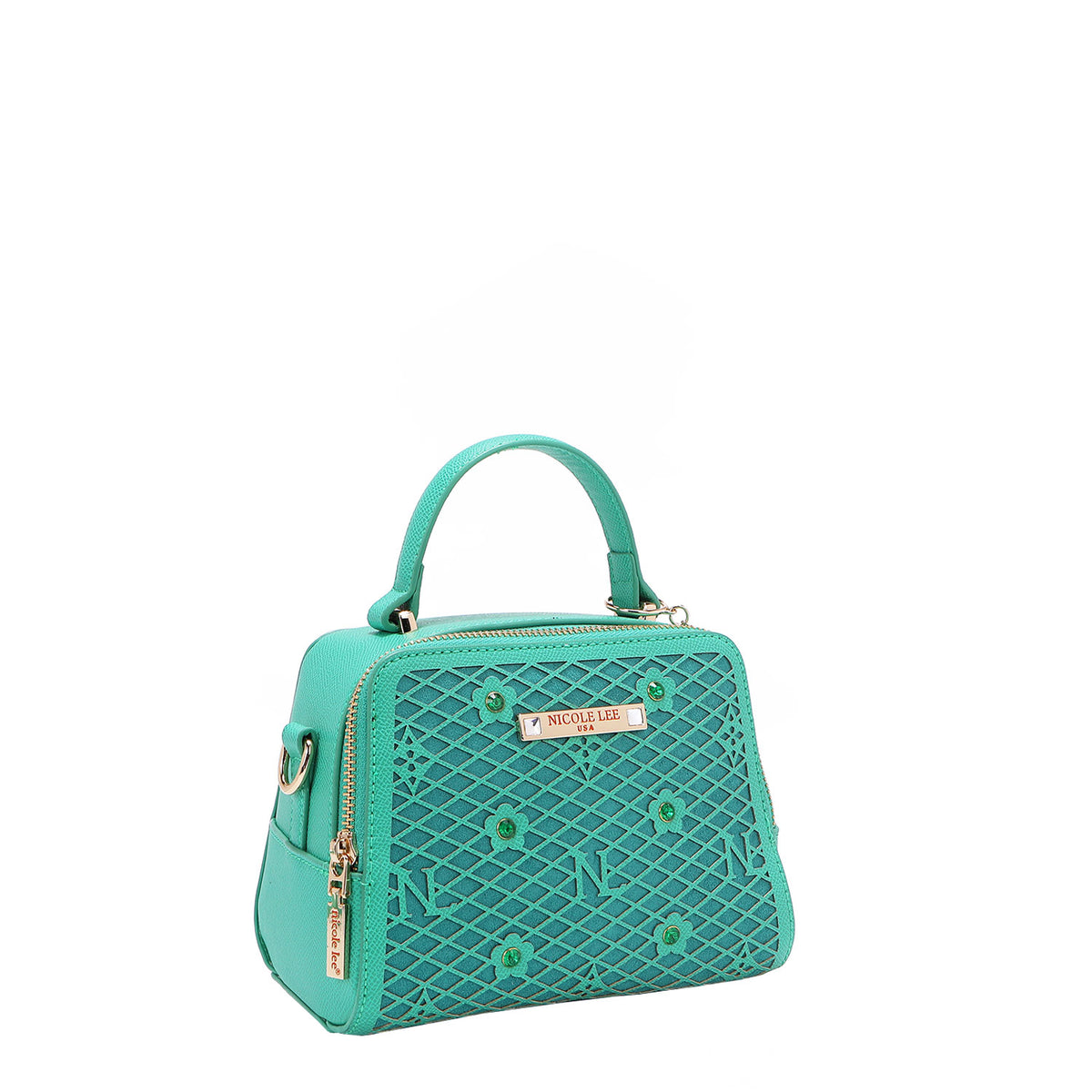 OUR MINI HANDBAG WITH LACER-CUT AND RHINESTONES DETAILS IN COLOR EMERALD.