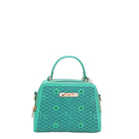 OUR MINI HANDBAG WITH LACER-CUT AND RHINESTONES DETAILS IN COLOR EMERALD.