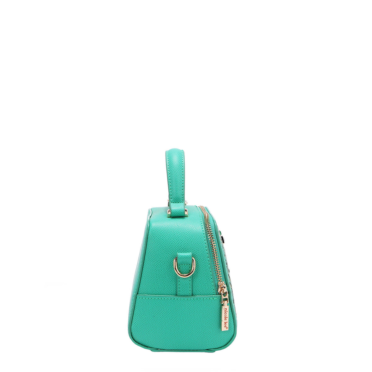 OUR MINI HANDBAG WITH LACER-CUT AND RHINESTONES DETAILS IN COLOR EMERALD.