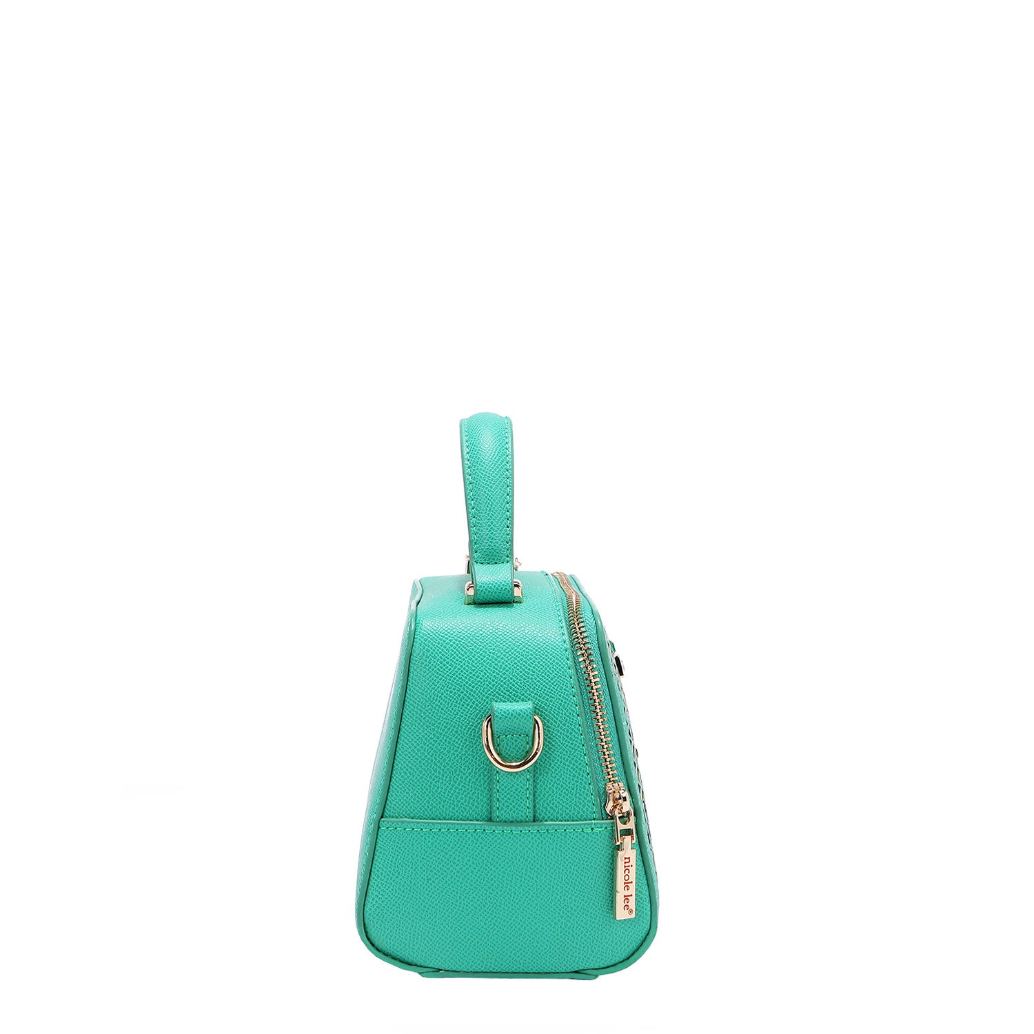 OUR MINI HANDBAG WITH LACER-CUT AND RHINESTONES DETAILS IN COLOR EMERALD.