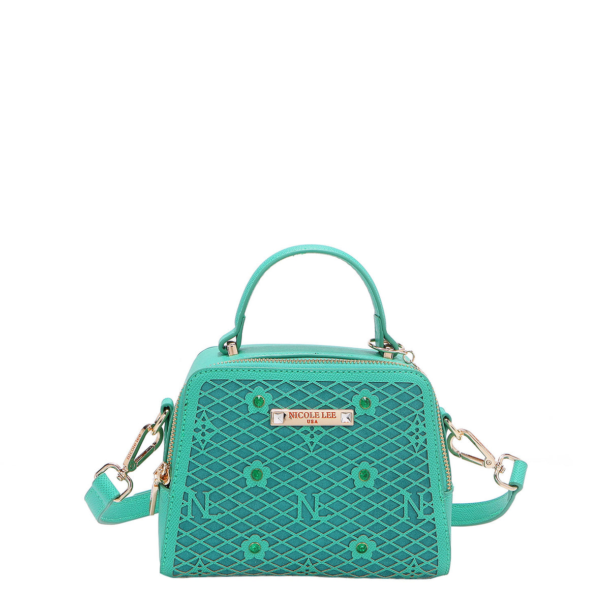 OUR MINI HANDBAG WITH LACER-CUT AND RHINESTONES DETAILS IN COLOR EMERALD WITH STRAP.