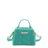 OUR MINI HANDBAG WITH LACER-CUT AND RHINESTONES DETAILS IN COLOR EMERALD WITH STRAP.