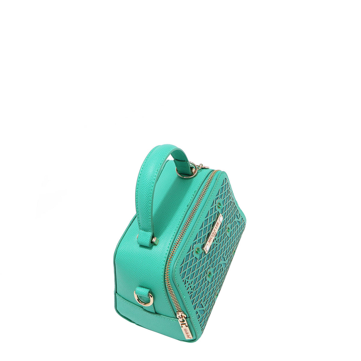 OUR MINI HANDBAG WITH LACER-CUT AND RHINESTONES DETAILS IN COLOR EMERALD.