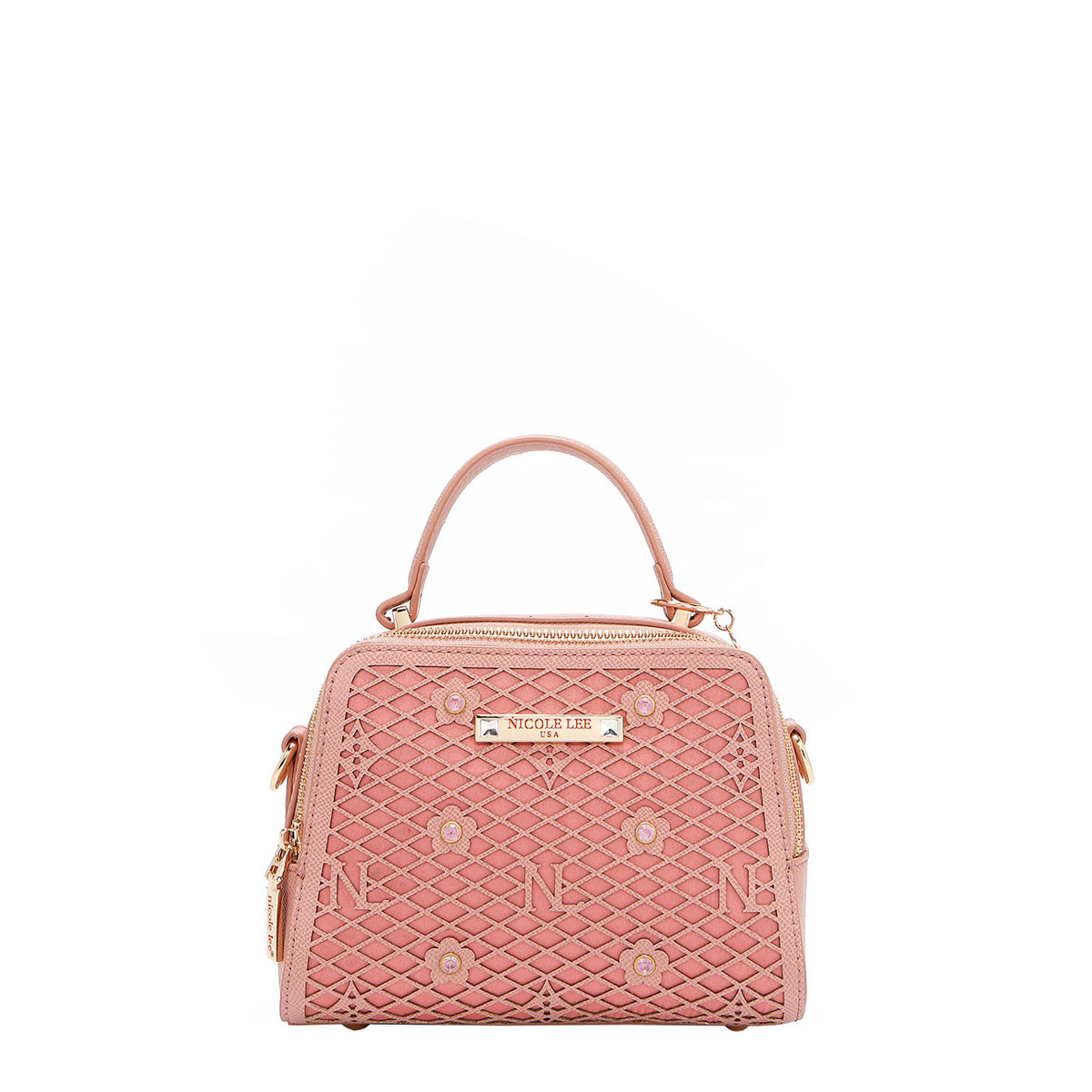 OUR MINI HANDBAG WITH LACER-CUT AND RHINESTONES DETAILS IN COLOR PINK.