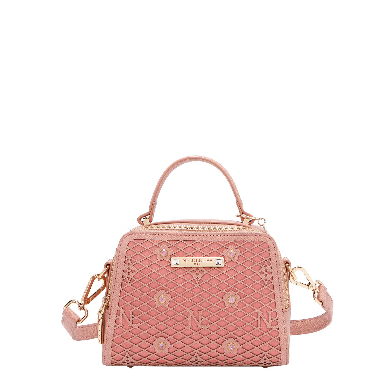 OUR MINI HANDBAG WITH LACER-CUT AND RHINESTONES DETAILS IN COLOR PINK WITH STRAP