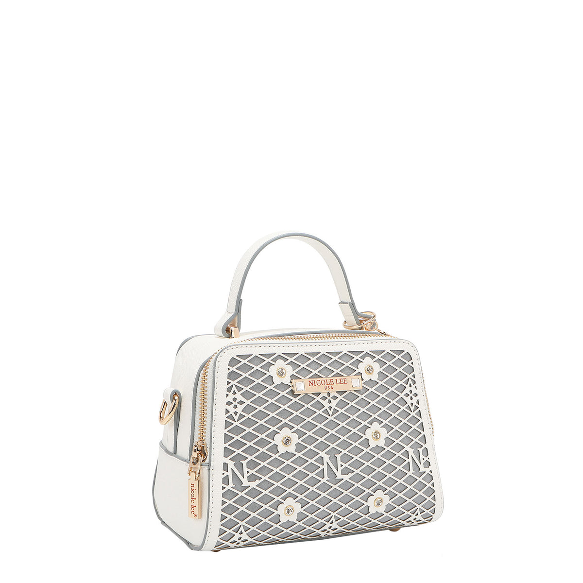 OUR MINI HANDBAG WITH LACER-CUT AND RHINESTONES DETAILS IN COLOR WHITE.