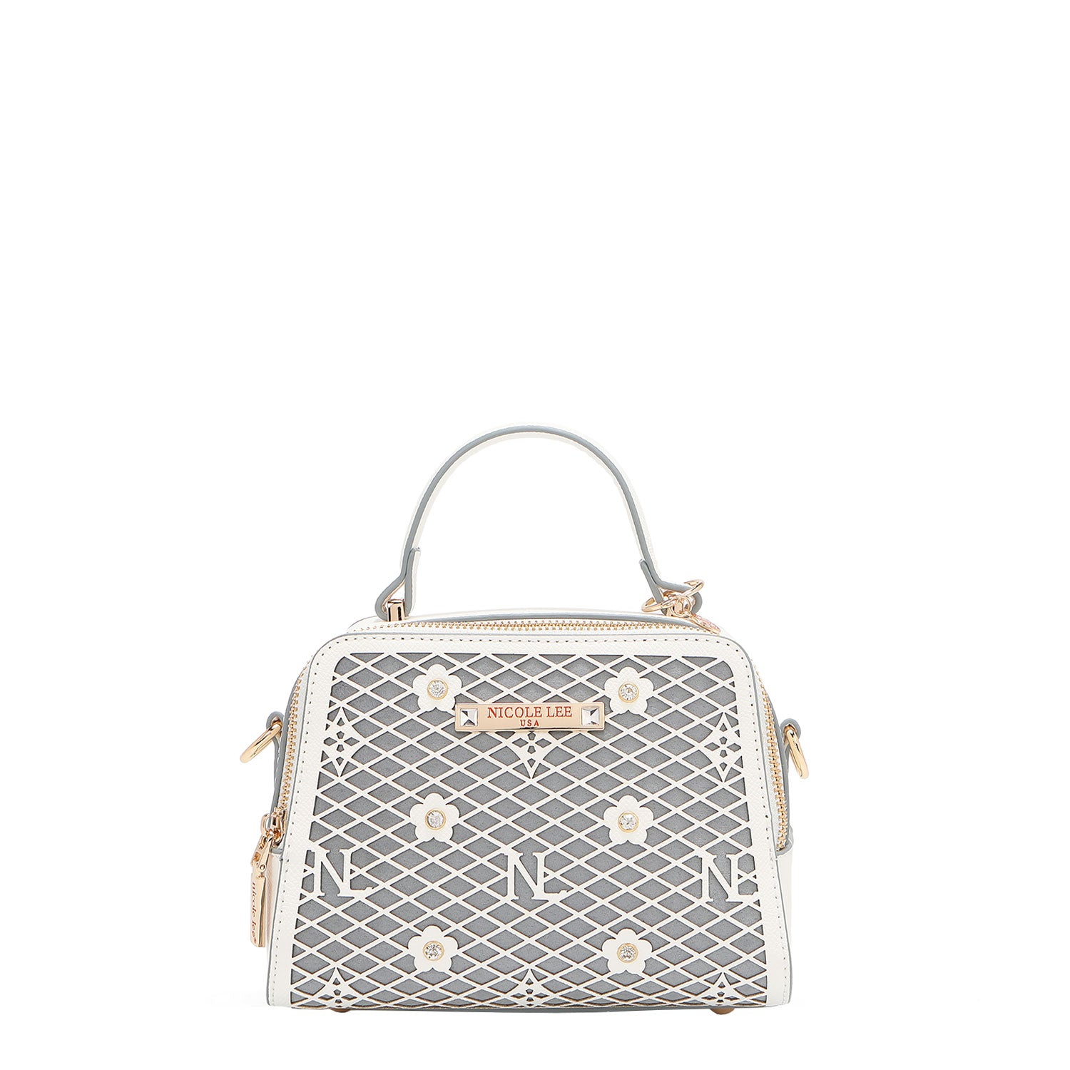 OUR MINI HANDBAG WITH LACER-CUT AND RHINESTONES DETAILS IN COLOR WHITE.