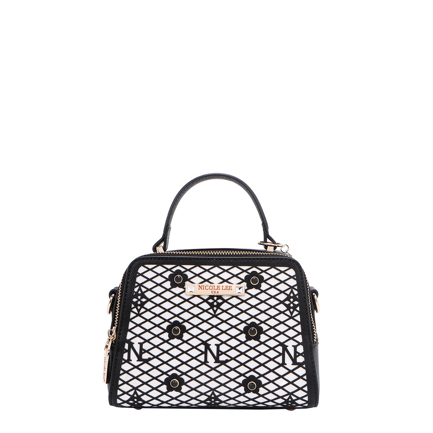 OUR MINI HANDBAG WITH LACER-CUT AND RHINESTONES DETAILS IN COLOR BLACK.