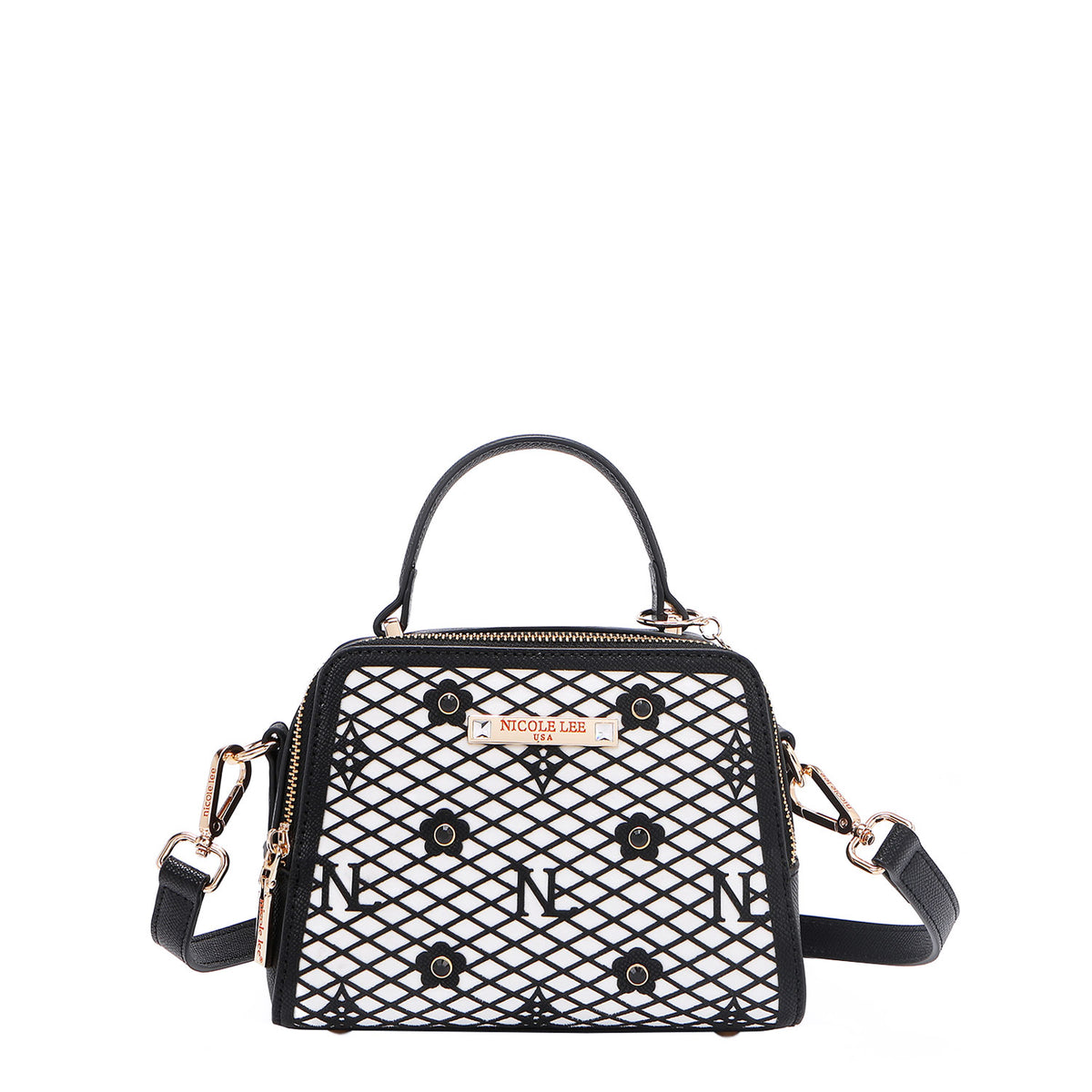 OUR MINI HANDBAG WITH LACER-CUT AND RHINESTONES DETAILS IN COLOR BLACK WITH STRAP