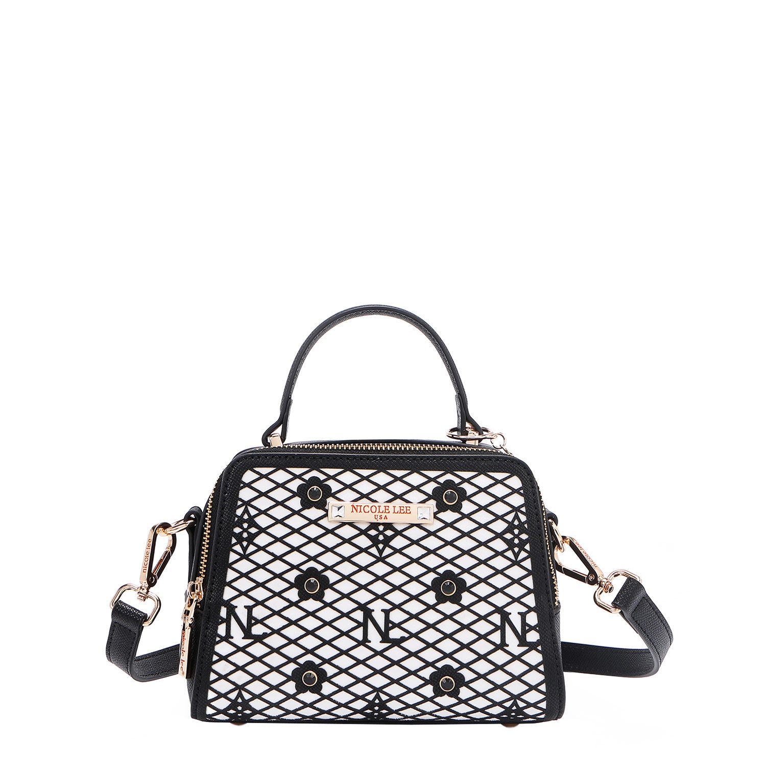 OUR MINI HANDBAG WITH LACER-CUT AND RHINESTONES DETAILS IN COLOR BLACK WITH STRAP