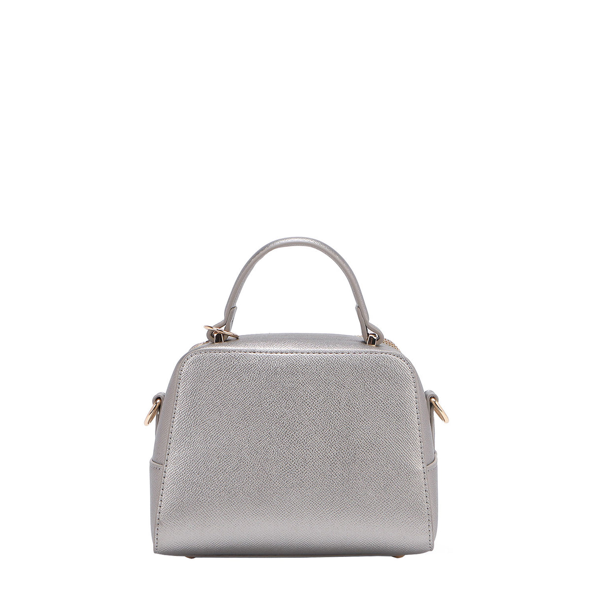 BACK OF OUR GRACIE MINI HANDBAG MADE WITH VEGAN LEATHER EXTERIOR.