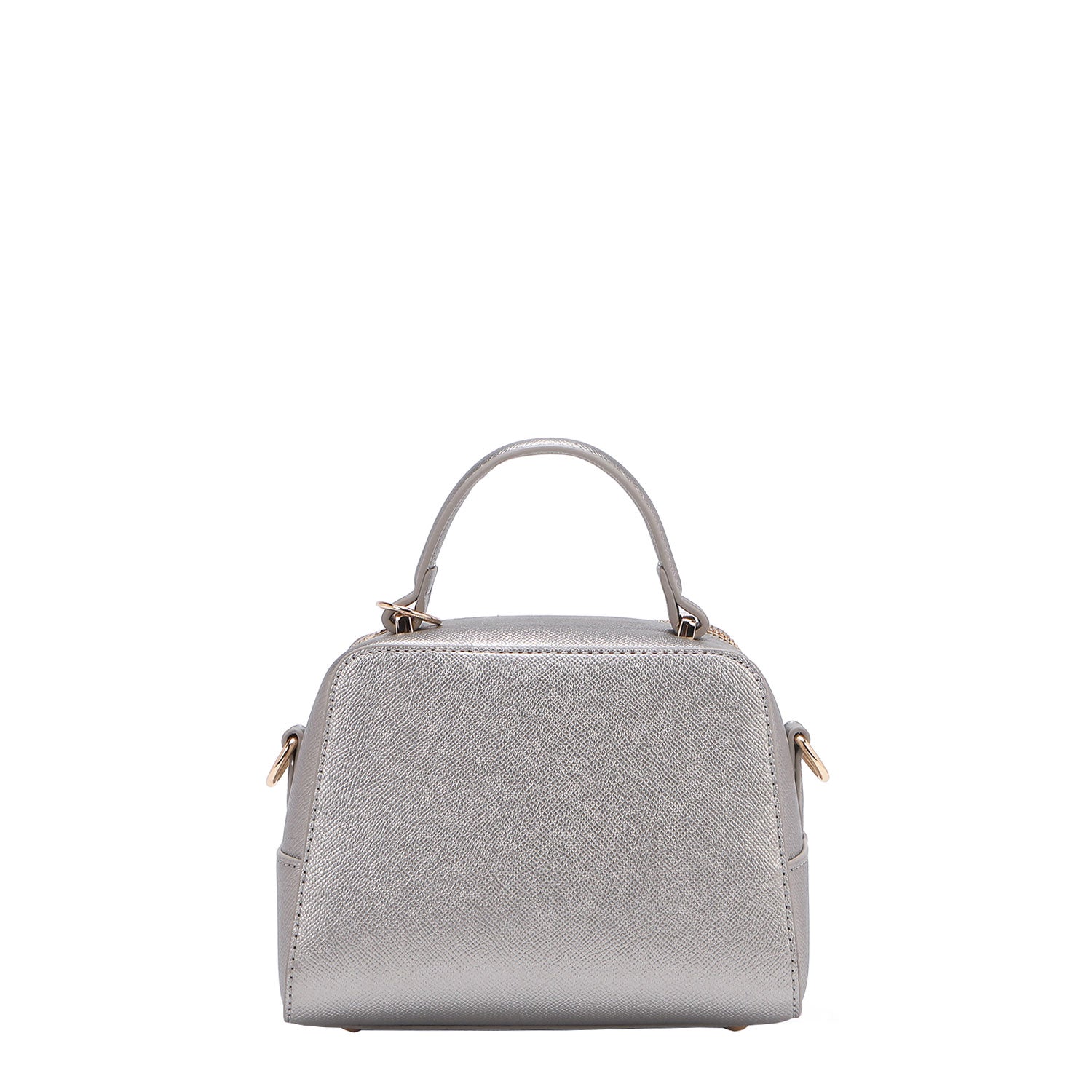 BACK OF OUR GRACIE MINI HANDBAG MADE WITH VEGAN LEATHER EXTERIOR.