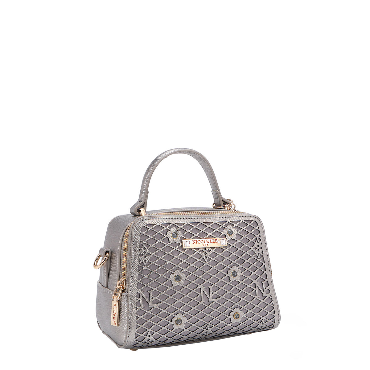 OUR MINI HANDBAG WITH LACER-CUT AND RHINESTONES DETAILS IN COLOR PEWTER.