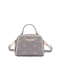 OUR MINI HANDBAG WITH LACER-CUT AND RHINESTONES DETAILS IN COLOR PEWTER WITH STRAP